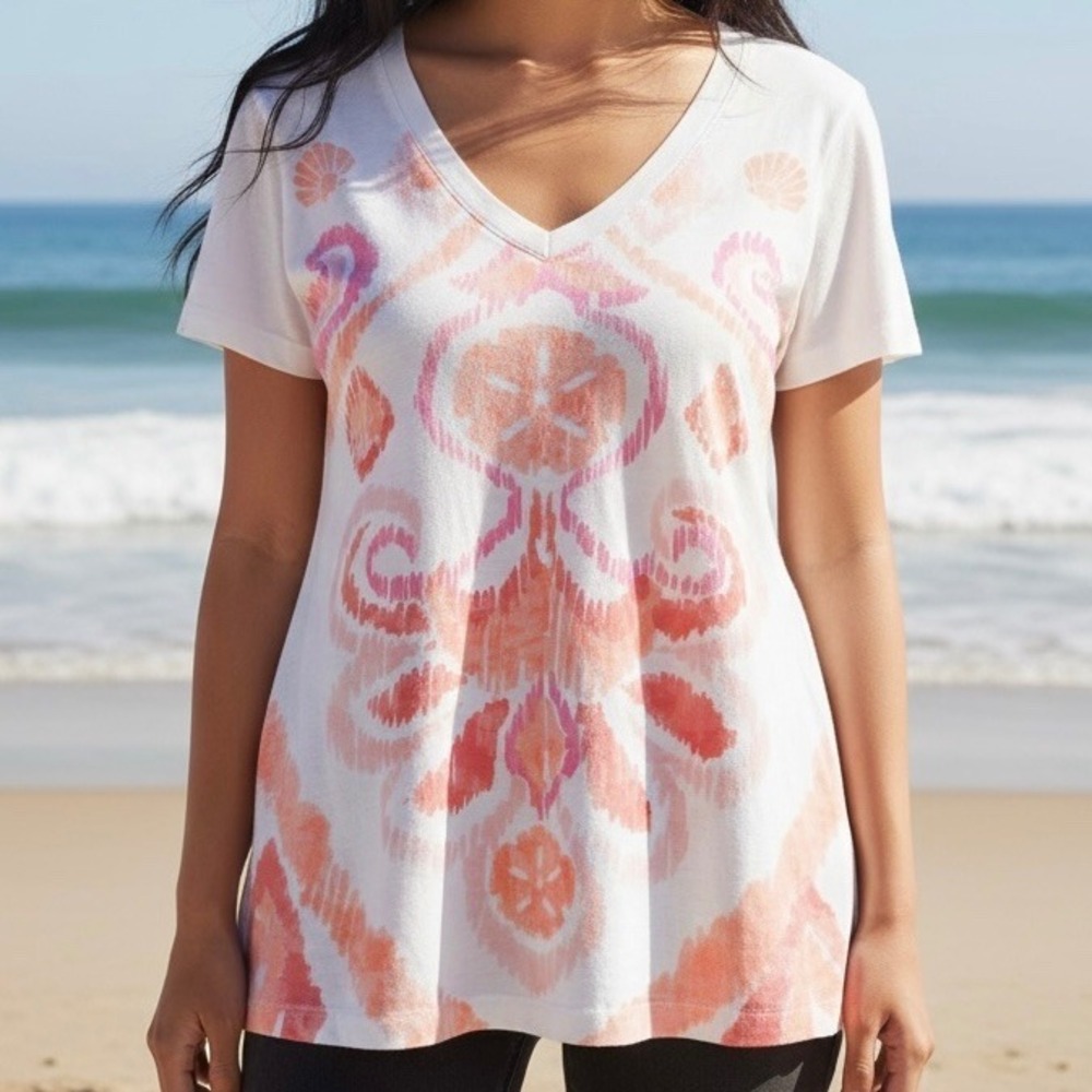 Vineyard Vines Womens Pima Cotton V-Neck T-Shirt‎ Pink Orange Ikat Shells Size M